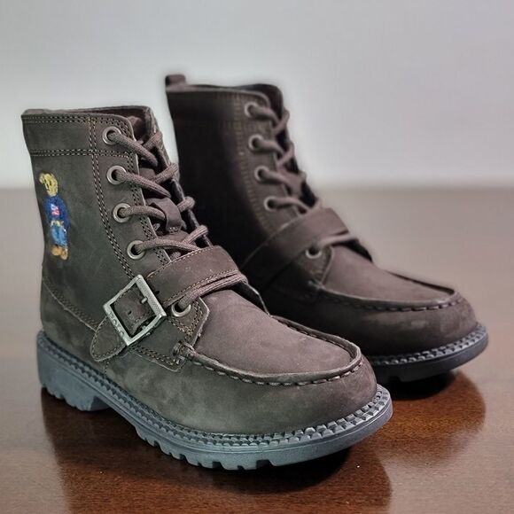Polo Ralph Lauren Bear Leather Suede Brown Ranger Combat Boots Kids Sizes New - Picture 5 of 11